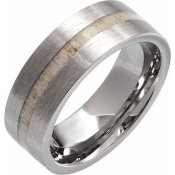 Tungsten Flat Band with Antler Wood Inlay Size 9
